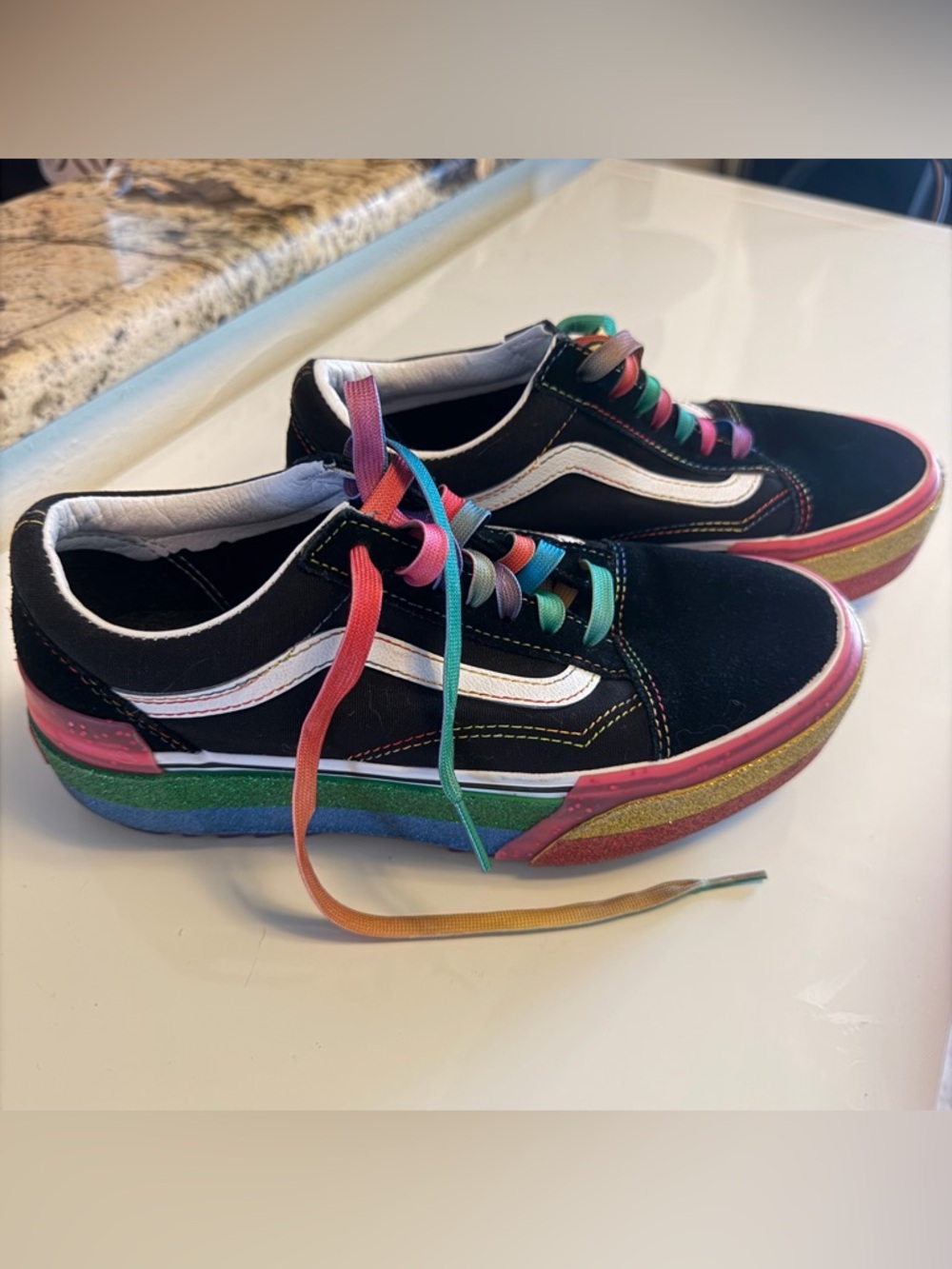 Vans Black Sneakers with Rainbow Laces and Pink Gold Accent - Picture 2 of 14